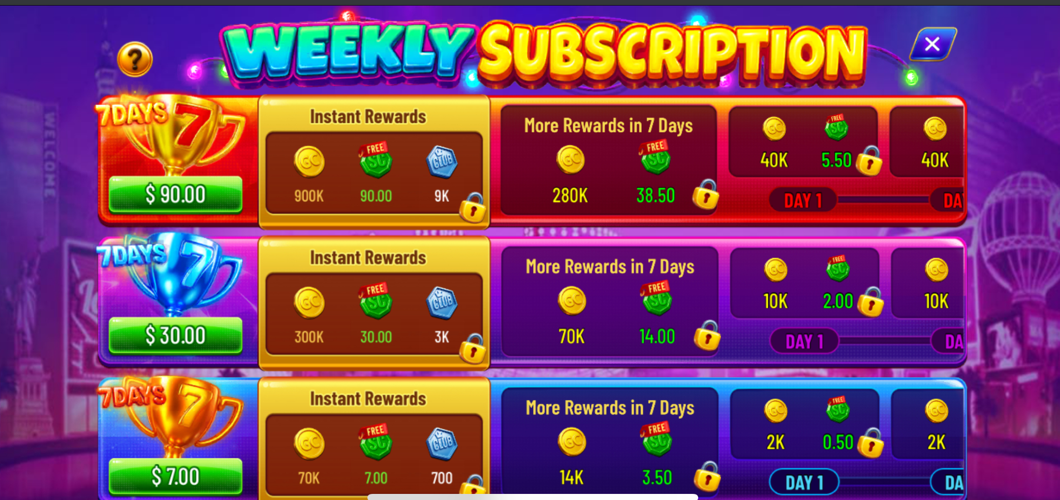 Lavish Luck Weekly Subscription packages showing three tiers at $90, $30, and $7